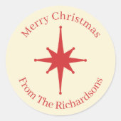 レトロパーソナライズされたミッドセンチュリークリスマスレッドスター ラウンドシール (正面)