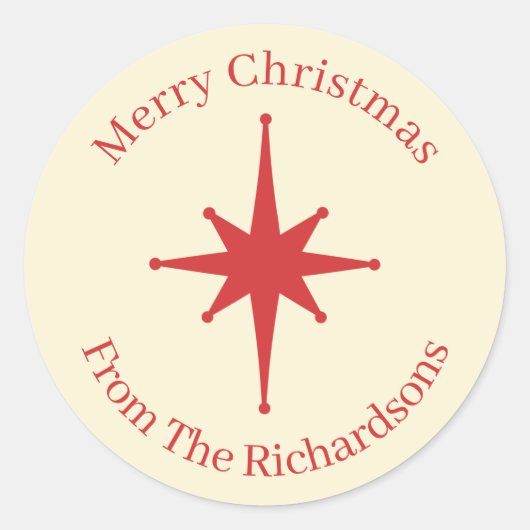 レトロパーソナライズされたミッドセンチュリークリスマスレッドスター ラウンドシール (正面)