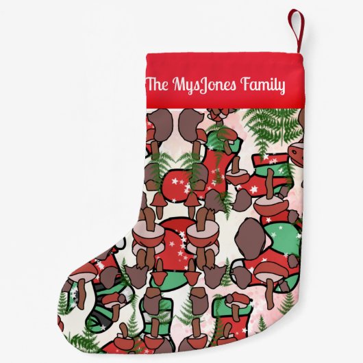 レトロパーソナライズされたミニマリストキノコの休日 スモールクリスマスストッキング (裏面)