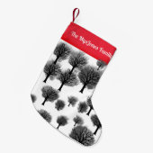 レトロパーソナライズされたミニマリストブラックホリデーツリー スモールクリスマスストッキング (正面 (吊り時))