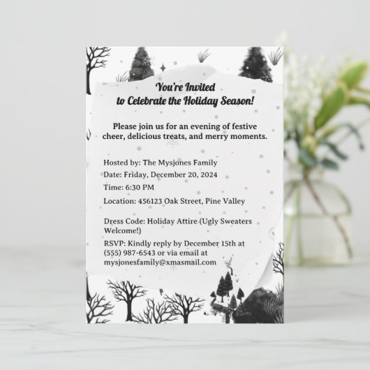 レトロパーソナライズされたミニマリストブラックホリデーツリー 招待状 (スタンド正面)