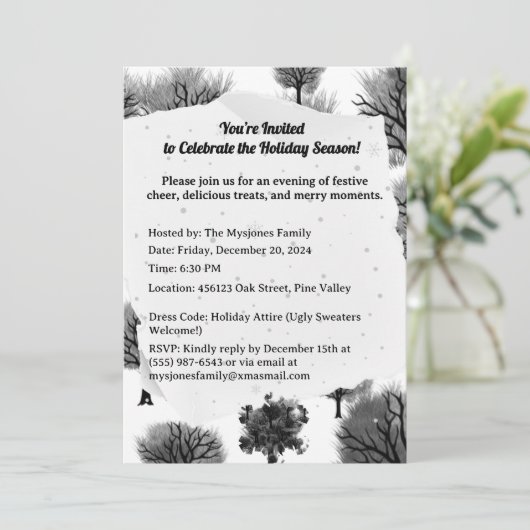 レトロパーソナライズされたミニマリストブラックホリデーツリー 招待状 (スタンド正面)