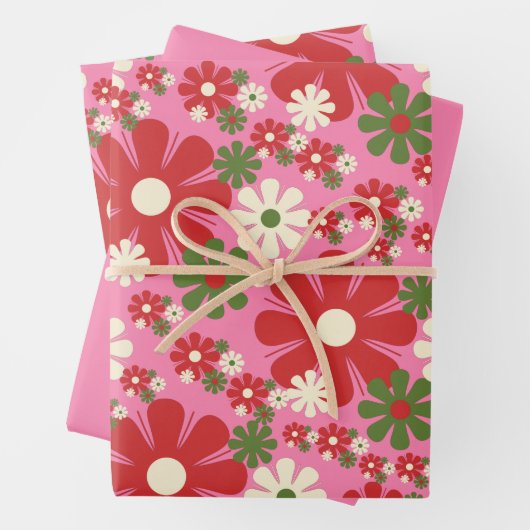 レトロパーソナライズされたヴィンテージピンククリスマスフローラ ラッピングペーパーシート (インサイチュ)