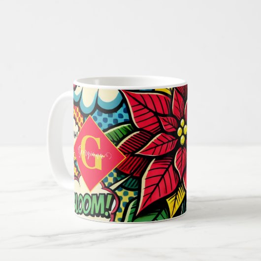 レトロパーソナライズされた漫画ブックアポップ・アートのートポインセチア コーヒーマグカップ (正面左)