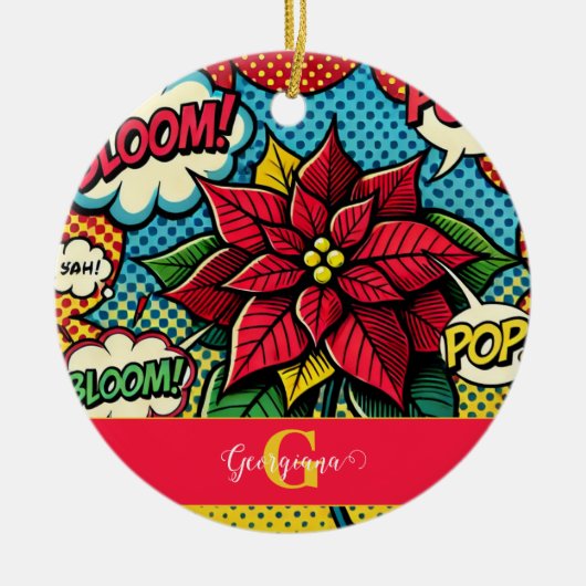 レトロパーソナライズされた漫画ブックアポップ・アートのートポインセチア セラミックオーナメント (正面)