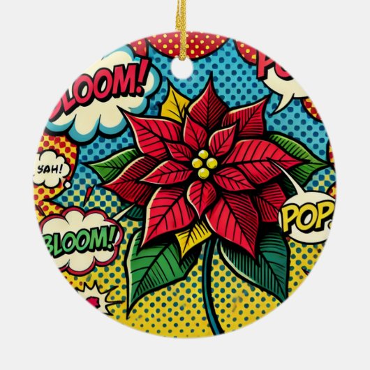 レトロパーソナライズされた漫画ブックアポップ・アートのートポインセチア セラミックオーナメント (裏面)