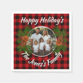 レトロパーソナライズされた赤い格子模様ピネコン スタンダードカクテルナプキン (正面)