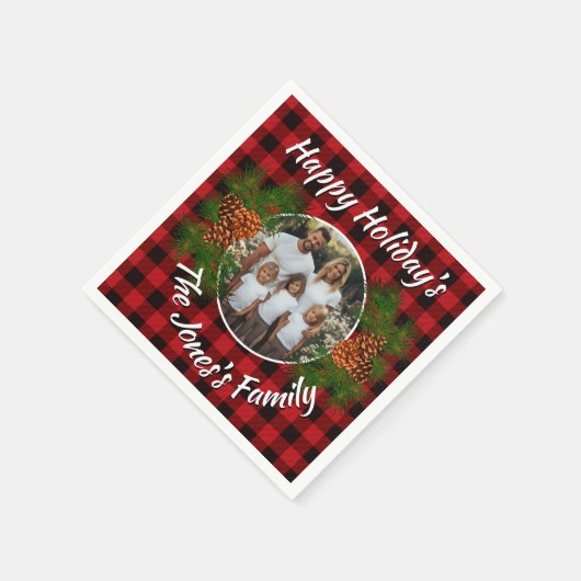 レトロパーソナライズされた赤い格子模様ピネコン スタンダードカクテルナプキン (角)