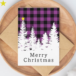 レトロパープルのバッファローチェックの森のメリークリスマス カード