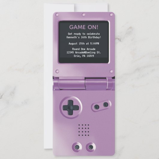 レトロパープルの携帯ゲーム機風バースデー招待状 招待状 (正面)