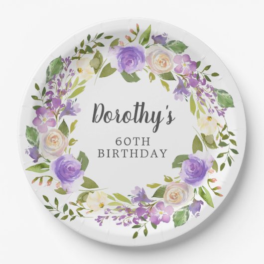 レトロパープルの花で飾る60歳の誕生日 ペーパープレート (正面)