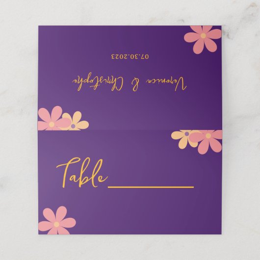 レトロパープルオレンジフローラ結婚披露宴 プレイスカード (外部開封)