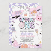 レトロパープルガールズ不気味ハロウィーン1st誕生日 招待状 (正面/裏面)