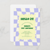 レトロパープルグルービー市松模様にパターン誕生日パーティー 招待状 (正面/裏面)