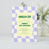 レトロパープルグルービー市松模様にパターン誕生日パーティー 招待状 (スタンド正面)