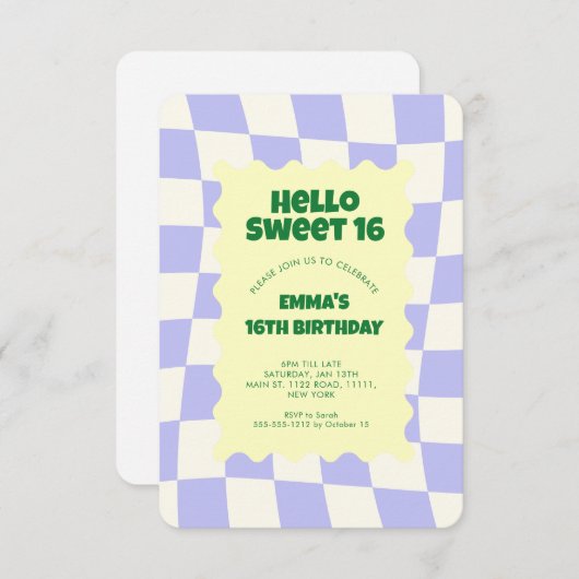 レトロパープルグルーヴ市松模様にィスイート16 招待状 (正面/裏面)