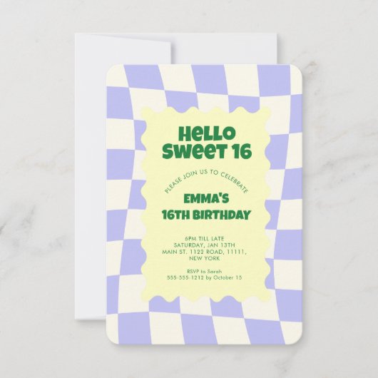 レトロパープルグルーヴ市松模様にィスイート16 招待状 (正面)