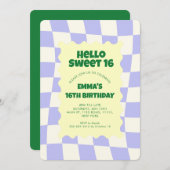 レトロパープルグルーヴ市松模様にィースウィート16誕生日パーティー 招待状 (正面/裏面)