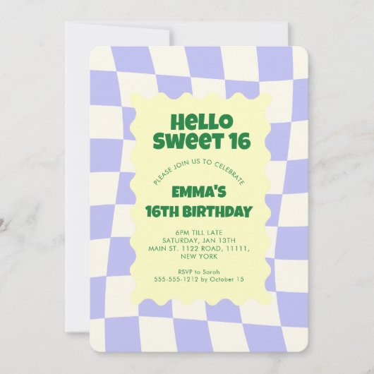 レトロパープルグルーヴ市松模様にィースウィート16誕生日パーティー 招待状 (正面)