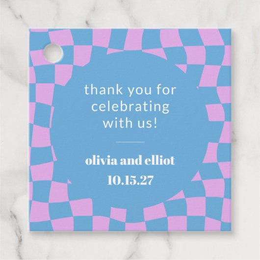 レトロパープルチェックボードカスタムカップルシャワー フェイバータグ (正面)