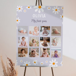 レトロパープルデイジー誕生日フォトマイルストーンポスター ポスター