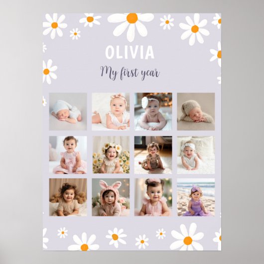 レトロパープルデイジー誕生日フォトマイルストーンポスター ポスター (正面)