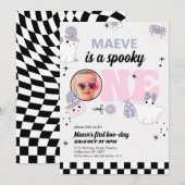 レトロパープルハロウィンスプーキーワン 1歳誕生日 招待状 (正面/裏面)