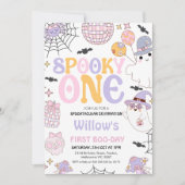 レトロパープルハロウィン不気味ワン1歳の誕生日 招待状 (正面)