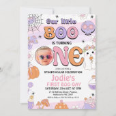 レトロパープルハロウィーンリトルブー1st誕生日 招待状 (正面)