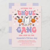 レトロパープルピンクグール集団ハロウィーン誕生日 招待状 (正面/裏面)