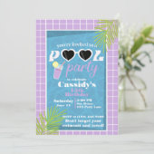 レトロパープルラベンダーサマープールバースデーパーティー 招待状 (スタンド正面)