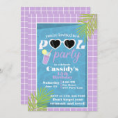 レトロパープルラベンダーサマープールバースデーパーティー 招待状 (正面/裏面)