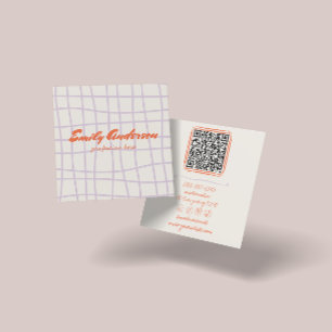 レトロパープル手書描トレンディーQRコード スクエア名刺