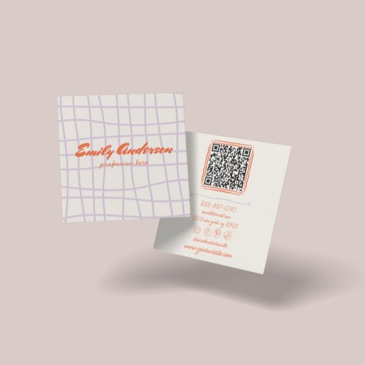 レトロパープル手書描トレンディーQRコード スクエア名刺
