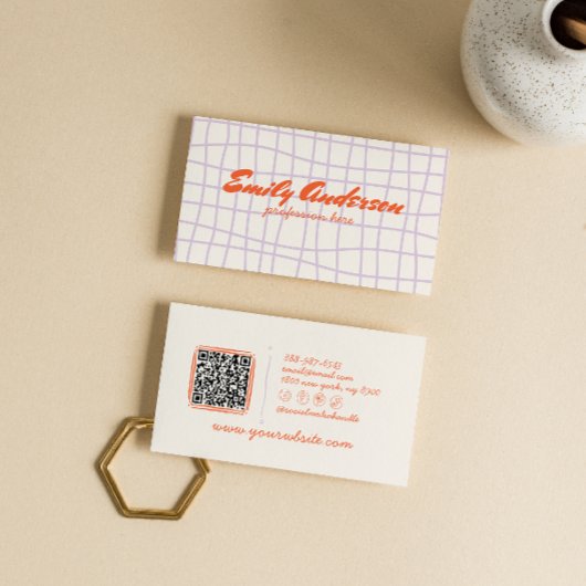 レトロパープル手書Groovy QR描コード 名刺