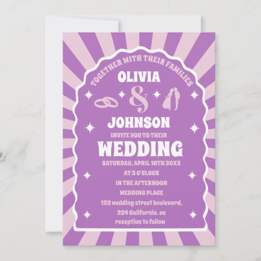 レトロパープル波曲線結婚アーチ写真 招待状 (正面)