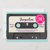 レトロパープル音楽カセットミックステープ50誕生日 招待状 (正面)