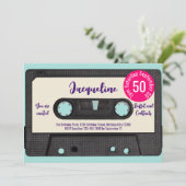レトロパープル音楽カセットミックステープ50誕生日 招待状 (スタンド正面)