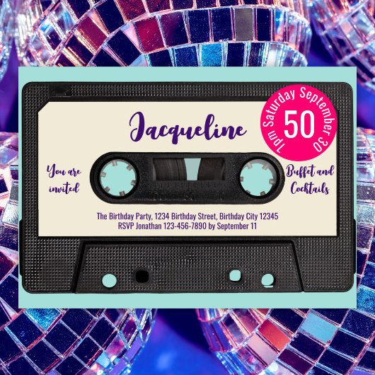 レトロパープル音楽カセットミックステープ50誕生日 招待状