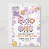レトロパープル リトルブー ハロウィン 1歳の誕生日 招待状 (正面)