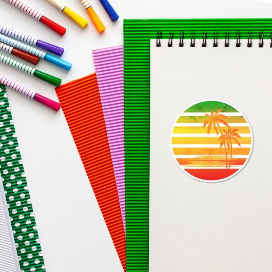 レトロパームツリーサンセットクラシックラウンドステッカー ラウンドシール