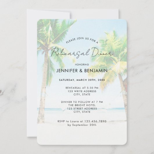 レトロパームツリーデスティネーションビーチリハーサルディナー 招待状 (正面)