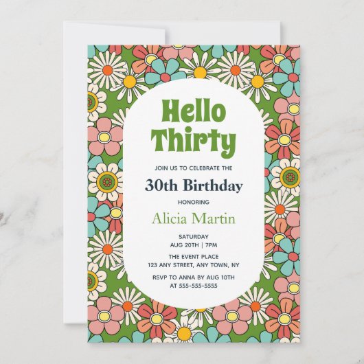レトロヒッパイグルービーフラワーハローサーティ誕生日 招待状 (正面)