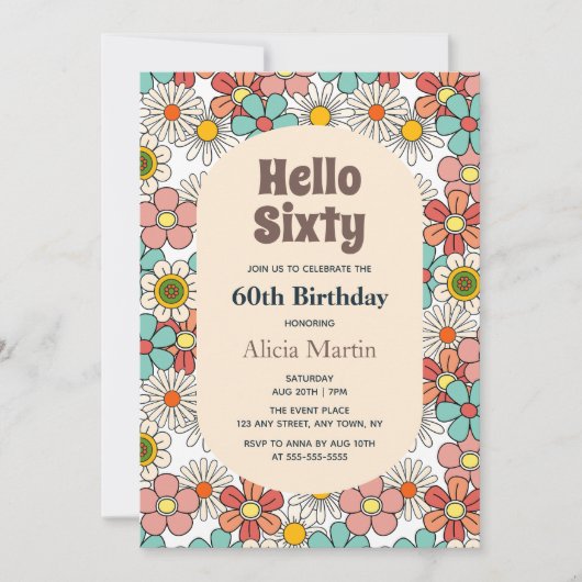 レトロヒッパイグルービーフラワーハローシックス誕生日 招待状 (正面)