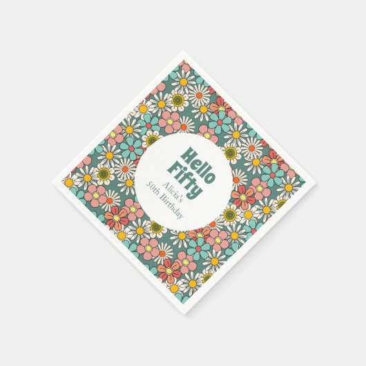 レトロヒッパイグルービーフラワーハローフィフティ誕生日 スタンダードカクテルナプキン (角)