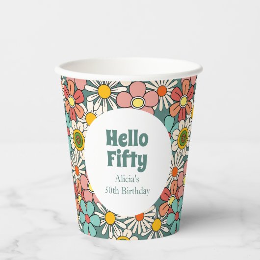 レトロヒッパイグルービーフラワーハローフィフティ誕生日 紙コップ (正面)