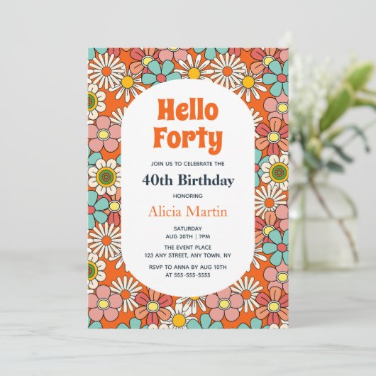 レトロヒッパイグルービーフラワーハローフォーティ誕生日 招待状 (スタンド正面)