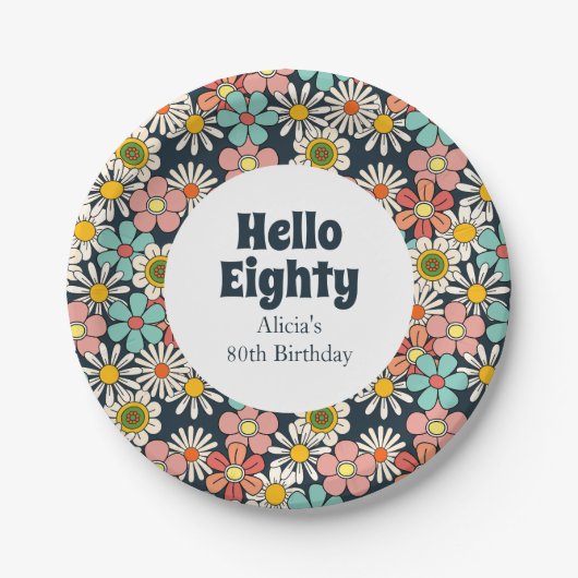 レトロヒッパイグルービーフラワーハロー八十誕生日 ペーパープレート (正面)