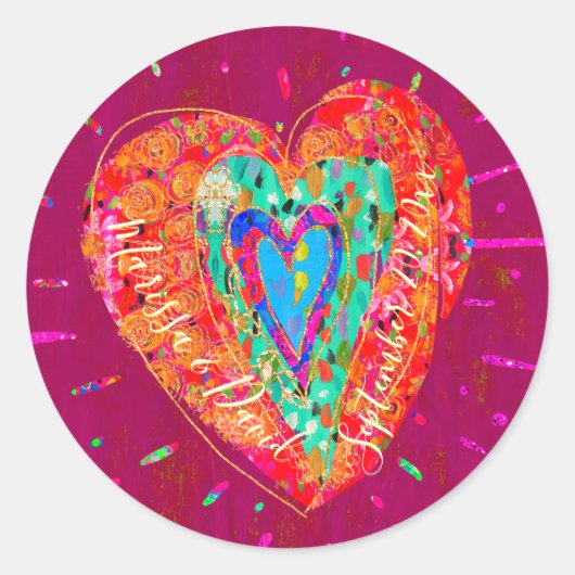 レトロヒッパイピンクターコイズハート保存日付 ラウンドシール (正面)