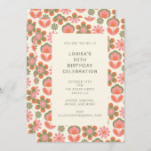 レトロヒッパイボホ70sフラワーピンク誕生日パーティー 招待状 (正面/裏面)